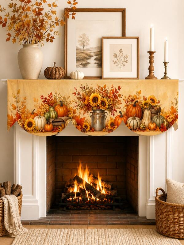 1pc Autumn Farmhouse Style Fireplace Scarf, Pumpkin Gourd Sunflower Milk Can Harvest Print Wavy Edge Fireplace Mantel Decor Cloth, Thanksgiving Living Room Fireplace Mantel Autumn Home Gathering Seasonal Home Decor