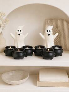 1pc Halloween One‑Piece Ghost Tealight Candle Holder With 3 Integrated Witch Cauldrons, All‑In‑One Ghost Figurine Tea Light Holder, Spooky Tabletop Mantel Centerpiece, Home Party Holiday Decor Ornament, Candles Not Included - Ghost Candlestick - View 10