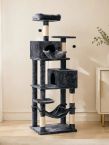 Multi‑Level Cat Tree, With Two Cat Houses, A Hammock And A Hanging Basket. Multiple Sisal Scratching Posts For Claw Sharpening, A Top Viewing Platform, And An Interactive Pom‑Pom Cat Toy. Suitable For Multiple Cats. - Random Color - View 3