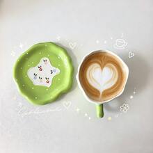 350ml Aesthetic Green Floral Ceramic Mug With Saucer, Wavy Edge Hand Painted Flower Coffee Tea Cup, Lovely Home Tableware Decor - Green - View 6