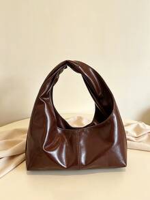 1pc Brown Textured PU Hobo Bag, Minimalist Patchwork Ruched Underarm Shoulder Bag With Handle For Women, Suitable For Autumn/Winter Commute, Work And Date - Coffee Brown - View 5