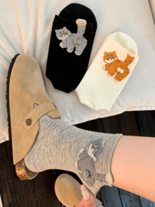 3 Pairs Random Cute Cat, Egg And Bell Pattern Fun Socks, Suitable For Autumn/Winter, Christmas, Back To School, Perfect As Gifts, Unisex Mid-Calf Socks - Multicolor - View 5