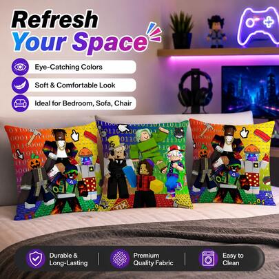 Roblox 3pcs Game Theme Pillow Covers, Modern Character Print Cushion Covers, Zipper Closure, Soft And Durable Fabric, Machine Washable, Suitable For Living Room, Game Room, Party, Room Decor, Home Decor, Cute Decoration