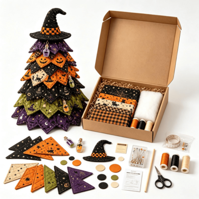 DIY Halloween Quilted Tree Sewing Kit, Fall Patchwork Craft Kit With Fabric, Thread & Instruction, Make Your Own Tabletop Quilt Tree, Halloween Desktop Home Decoration Craft Set For Adults