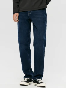 CAMEL CROWN Celana Jeans Pria Model Lurus dengan Tampilan Vintage, Celana Panjang Luar Ruangan yang Modis, Nyaman, dan Terasa Seperti Katun. - Biru - View 2