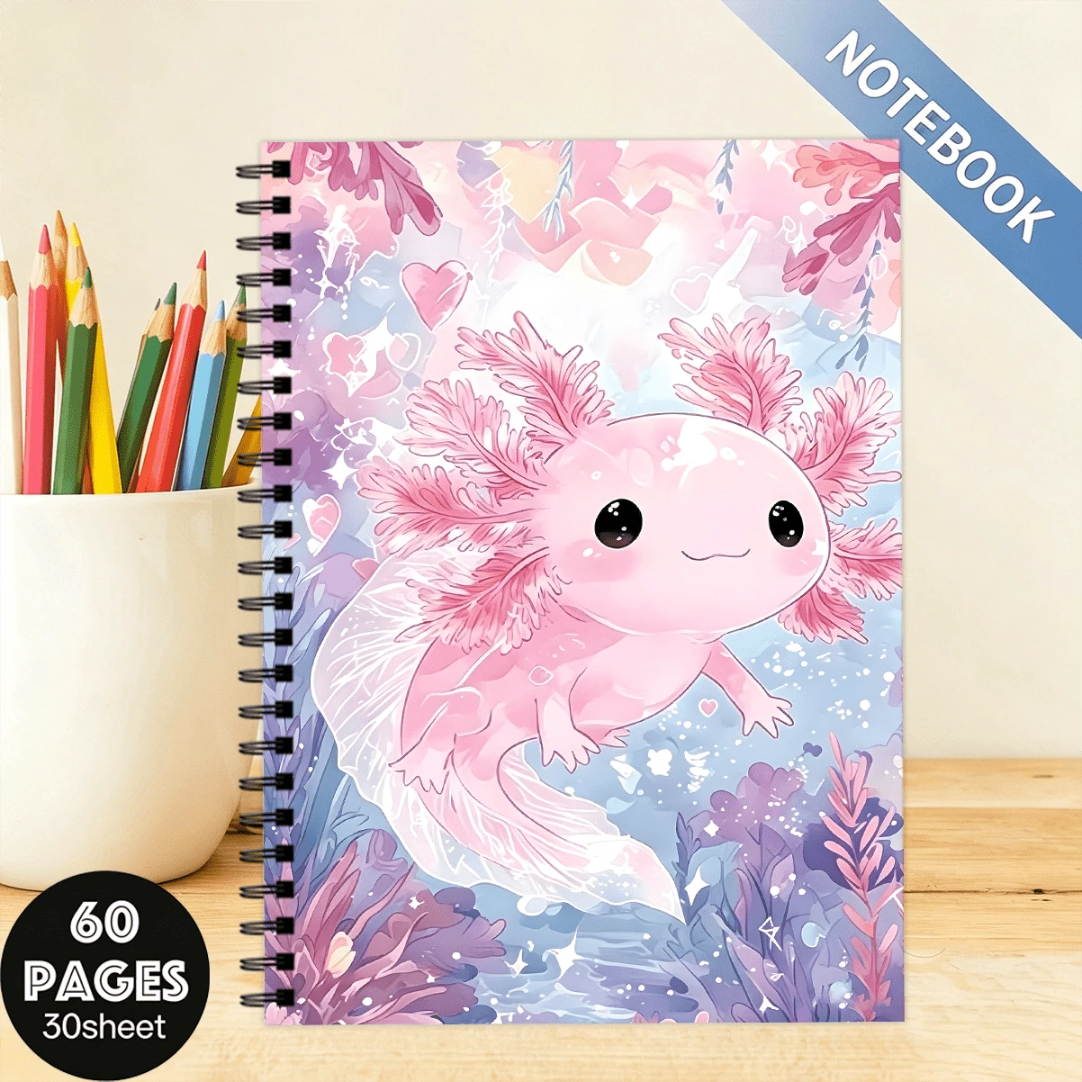 Watercolor Pink Axolotl Notebook, 30 Sheets 60 Pages Lined Blank Notebook, Animal Notebook, Journal, Ideal Gift For Back To School, Christmas - A5 - View 1