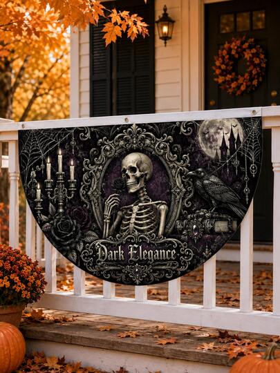 Black And Purple Gothic Design Featuring Skulls, Ravens, The Moon, A Castle, And Halloween Bunting; Accented With Ornate Vintage Borders And Gold Details-Suitable For Outdoor Fences, Courtyards, Halloween Parties, Haunted Houses, And Autumn Decor.