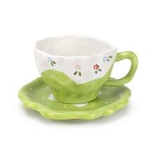 350ml Aesthetic Green Floral Ceramic Mug With Saucer, Wavy Edge Hand Painted Flower Coffee Tea Cup, Lovely Home Tableware Decor - Green - View 12