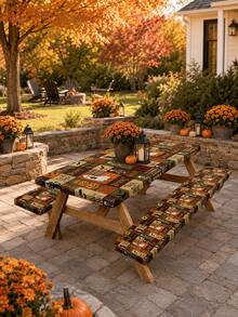 1/3pcs-Stretch Fitted Halloween Picnic Table & Bench Cover Set, Vintage Plaid Patchwork Tablecloth With Ghost Pumpkin Bat Skeleton Print, Spooky Trick Or Treat Decor, Rectangular Elastic Table Cover For Backyard, Outdoor Halloween Party Decor - Multicolor - View 7