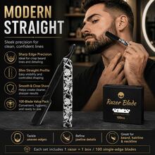 Professional Barber Skull Pattern Shavette Straight Razor Set For Men, Foldable Shaving Razor With Curved & Straight 2 Handle Designs, Quick Change Blade For Precise Beard Hairline Trimming, Comes With 100 Replacement Blades, Salon Grooming Gift Kit - Multi-color - View 8