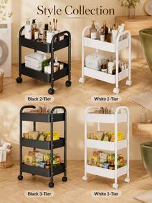 2-Tier/3-Tier Mobile Multi-Function Storage Cart, Metal Storage Organizer Rack With 360° Lockable Casters, Mesh Storage Shelves, Suitable For Kitchen, Bathroom, Laundry Room, Office, Craft, Snack Storage, Black/White Small Space Home Storage Rack - Multicolor - View 11