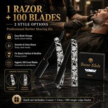 Professional Barber Skull Pattern Shavette Straight Razor Set For Men, Foldable Shaving Razor With Curved & Straight 2 Handle Designs, Quick Change Blade For Precise Beard Hairline Trimming, Comes With 100 Replacement Blades, Salon Grooming Gift Kit - Multi-color - View 1