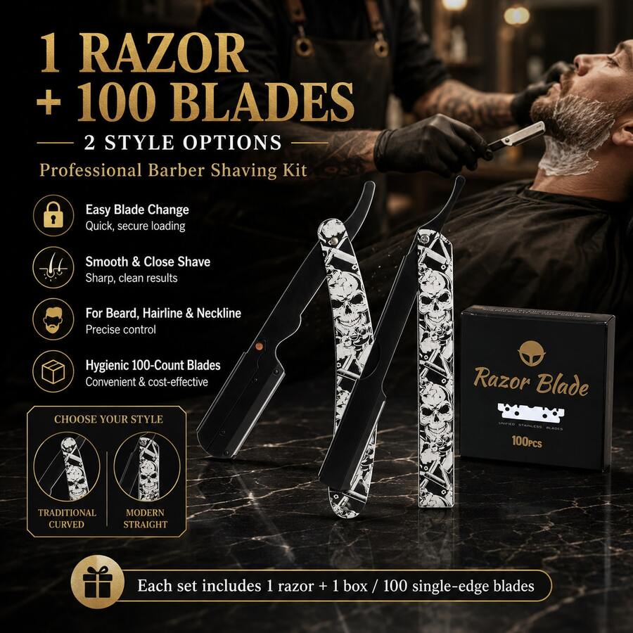 Professional Barber Skull Pattern Shavette Straight Razor Set For Men, Foldable Shaving Razor With Curved & Straight 2 Handle Designs, Quick Change Blade For Precise Beard Hairline Trimming, Comes With 100 Replacement Blades, Salon Grooming Gift Kit - Multi-color - View 1