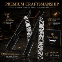 Professional Barber Skull Pattern Shavette Straight Razor Set For Men, Foldable Shaving Razor With Curved & Straight 2 Handle Designs, Quick Change Blade For Precise Beard Hairline Trimming, Comes With 100 Replacement Blades, Salon Grooming Gift Kit - Multi-color - View 2