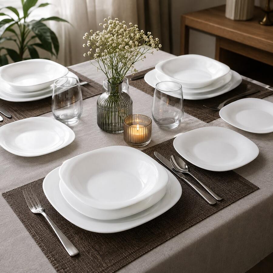 18-Piece Square Opal Glass Dinnerware Set – White, 6 Person - White - View 1
