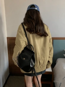 Unisex Loose Casual Minimalist Solid Color Jacket - Khaki - View 4