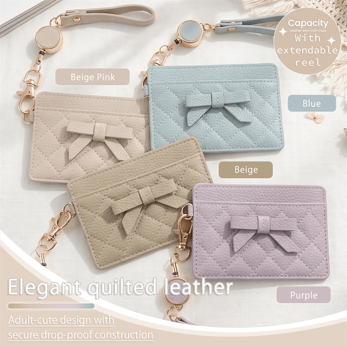 Cute Rhombus Pattern ID Badge Holder With 3D Bow, Retractable Lanyard Up To 35cm, Double-Sided Storage, Slim And Lightweight, Suitable For Employee ID/Transportation IC Card, Commuting/School Use, 4 Colors Available - Multicolor - View 1
