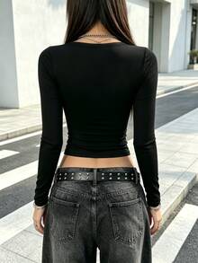 Women's Studded Decor Slim Fit Versatile Everyday Long Sleeve T-Shirt - Black - View 3