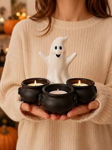 1pc Halloween One‑Piece Ghost Tealight Candle Holder With 3 Integrated Witch Cauldrons, All‑In‑One Ghost Figurine Tea Light Holder, Spooky Tabletop Mantel Centerpiece, Home Party Holiday Decor Ornament, Candles Not Included - Ghost Candlestick - View 2