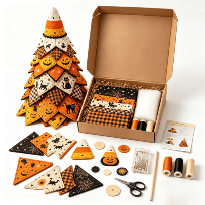 Kit de costura DIY para árbol acolchado de Halloween, kit de manualidades de patchwork otoñal con tela, hilo e instrucciones, haz tu propio árbol de colcha de sobremesa, set de manualidades de decoración del hogar de escritorio de Halloween para adultos