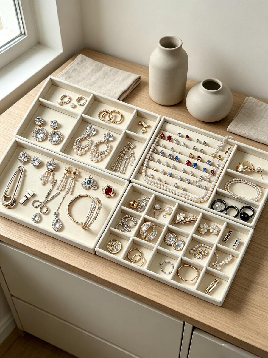 Velvet Jewelry Storage Tray, Drawer Organizer Box, Jewelry Drawer Embedded Storage Box Display Box, Earring Necklace Ring Bracelet Storage, With Removable Dividers, Back To School Storage Organizer, Autumn Home Decor, Bedroom Decor, Wedding, Halloween Decoration - One Size - View 1