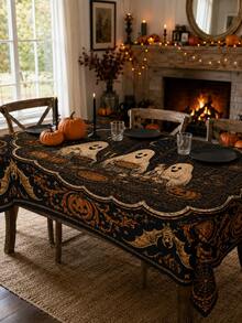 1pc Halloween Cute Ghost Party Rectangular/Round/Oval Themed Tablecloth, Pumpkin, Bat And Spider Web Pattern, Dark Vintage Restaurant Tabletop Decor, Suitable For Parties And Holiday Gatherings - Ghost Style B - View 1