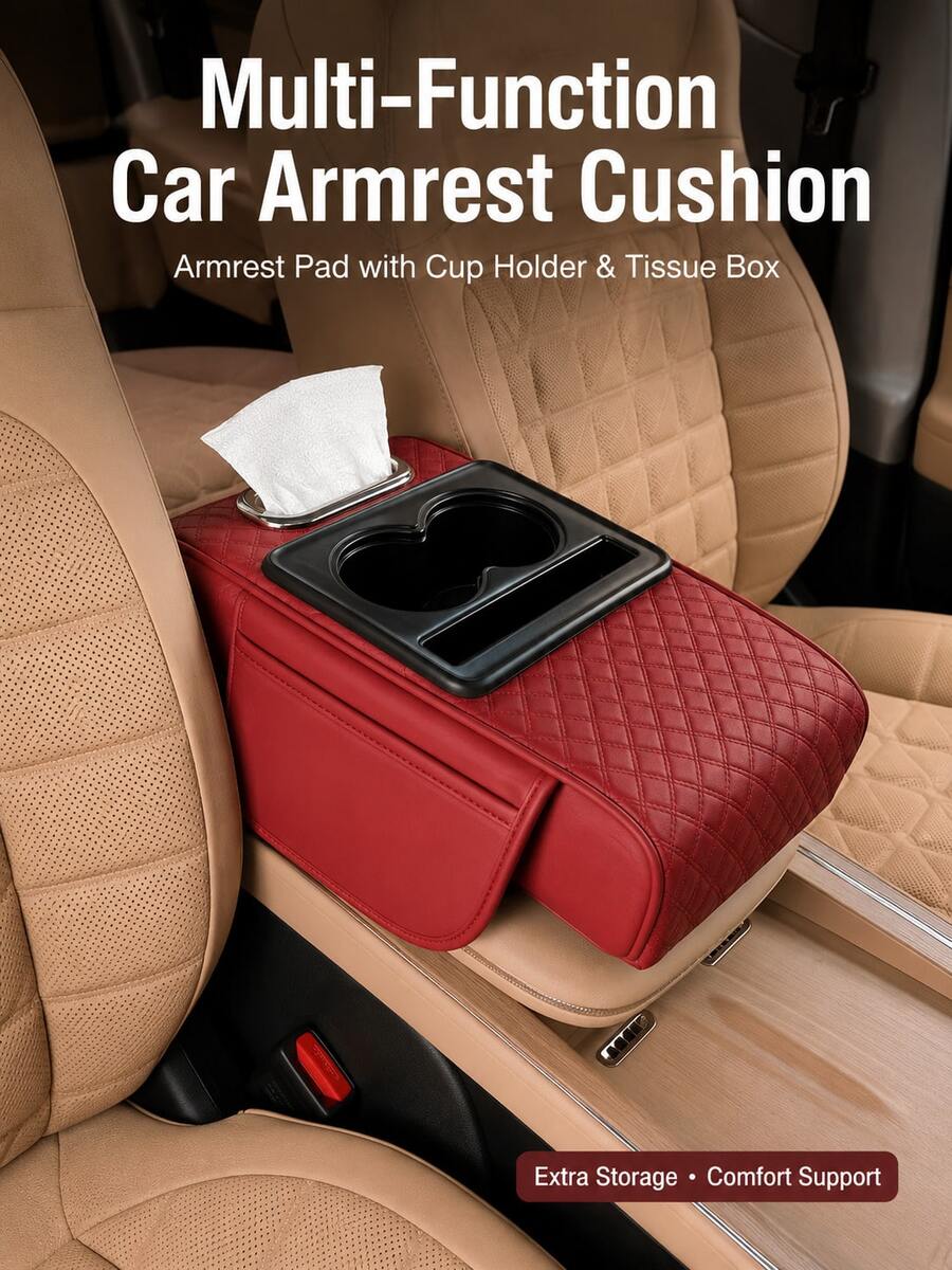 Car Center Console Armrest Pad, Car Armrest Cushion With 2 Storage Pockets, Cup Holder, Tissue Box Slot And Phone Slot, Suitable For Most Car Models, Multi-Functional Storage For Phone, Water Bottle And Cards