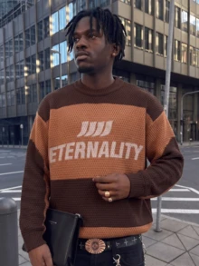 ANDREILEE Men's Fashion Street Style Casual Commute Home Versatile ETERNALITU Letter Crew Neck Long Sleeve Wide Ribbed Loose Knit Pullover Sweater Autumn/Winter - Brown - View 3