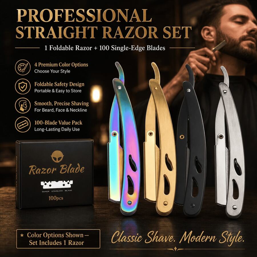 Men Barber Grade Hollow Out Foldable Shavette Razor Grooming Kit, Multicolor Stainless Steel Straight Shaving Razor, Foldable Portable Design For Precise Beard & Neckline Edging, Value Pack Contains 100 Single Edge Blades, 4 Stylish Color Choices For - Multi-color - View 1