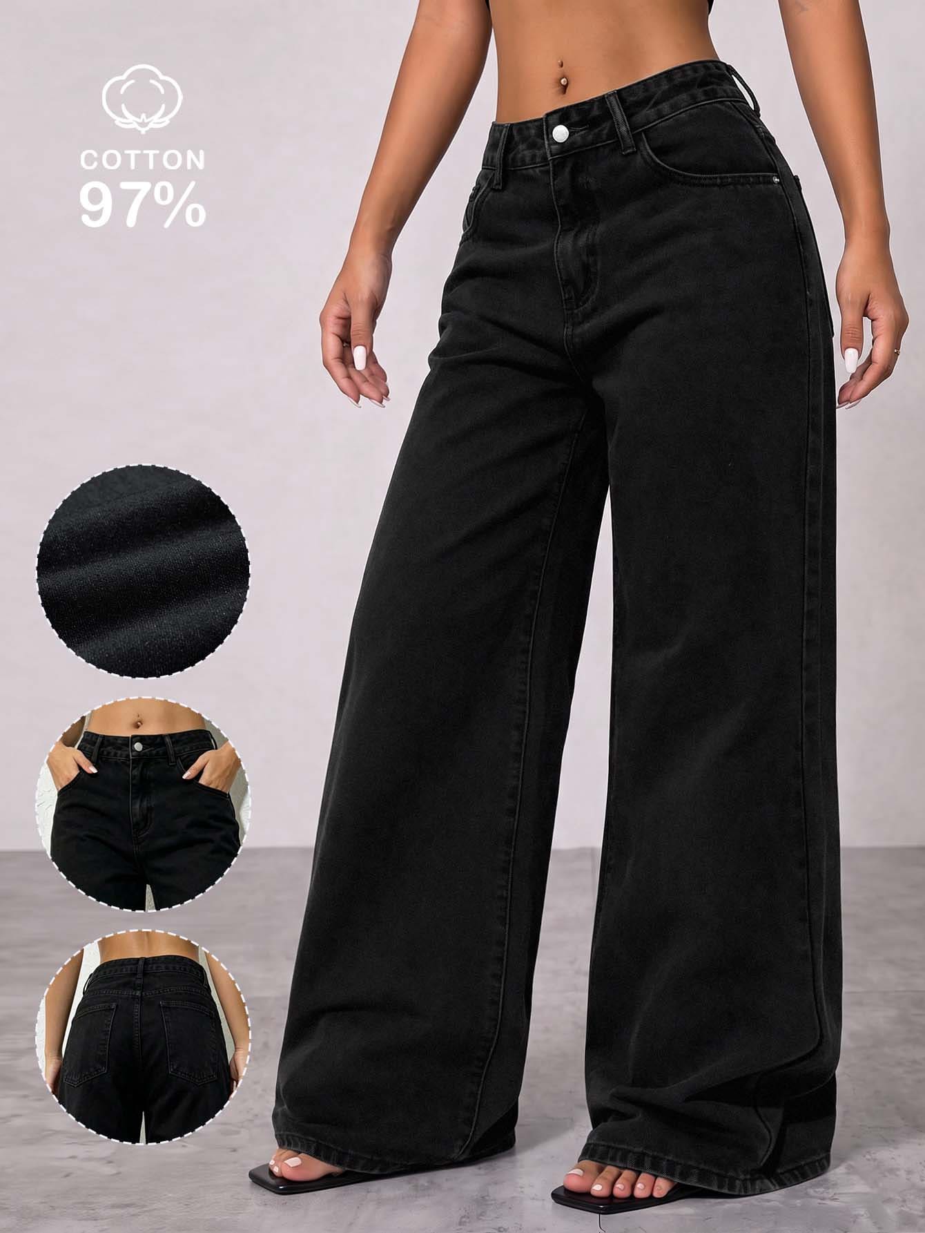 Women's Low Waist Wide Leg Casual Blue Distressed Pocket Curved Hem Jeans, Autumn Spring Black Fall - Black - View 1