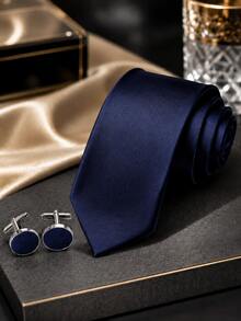 1SET (3pcs) Solid Color Tie & Cufflinks Set, Versatile Hand-Tied Tie & Cufflinks Combination, Suitable For Daily Wear, Wedding, Cocktail Party, Banquet - Navy Blue - View 1