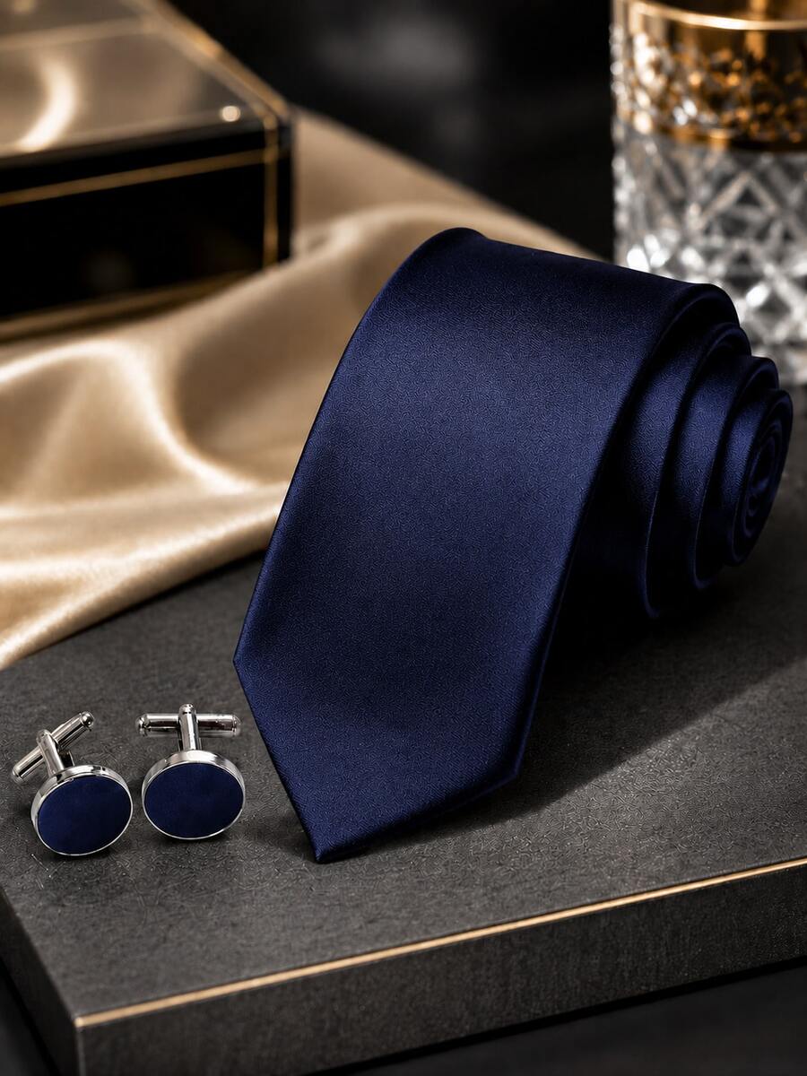 1SET (3pcs) Solid Color Tie & Cufflinks Set, Versatile Hand-Tied Tie & Cufflinks Combination, Suitable For Daily Wear, Wedding, Cocktail Party, Banquet - Navy Blue - View 1