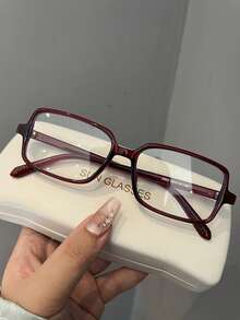 1pc Vintage Red Rectangular Clear Lens Glasses, Blocks Harmful Light, Protects Eyes, Suitable For Shopping, Reading, Computer, Phone Daily Wear - A - View 1