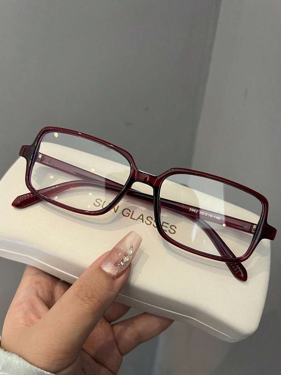 1pc Vintage Red Rectangular Clear Lens Glasses, Blocks Harmful Light, Protects Eyes, Suitable For Shopping, Reading, Computer, Phone Daily Wear - A - View 1