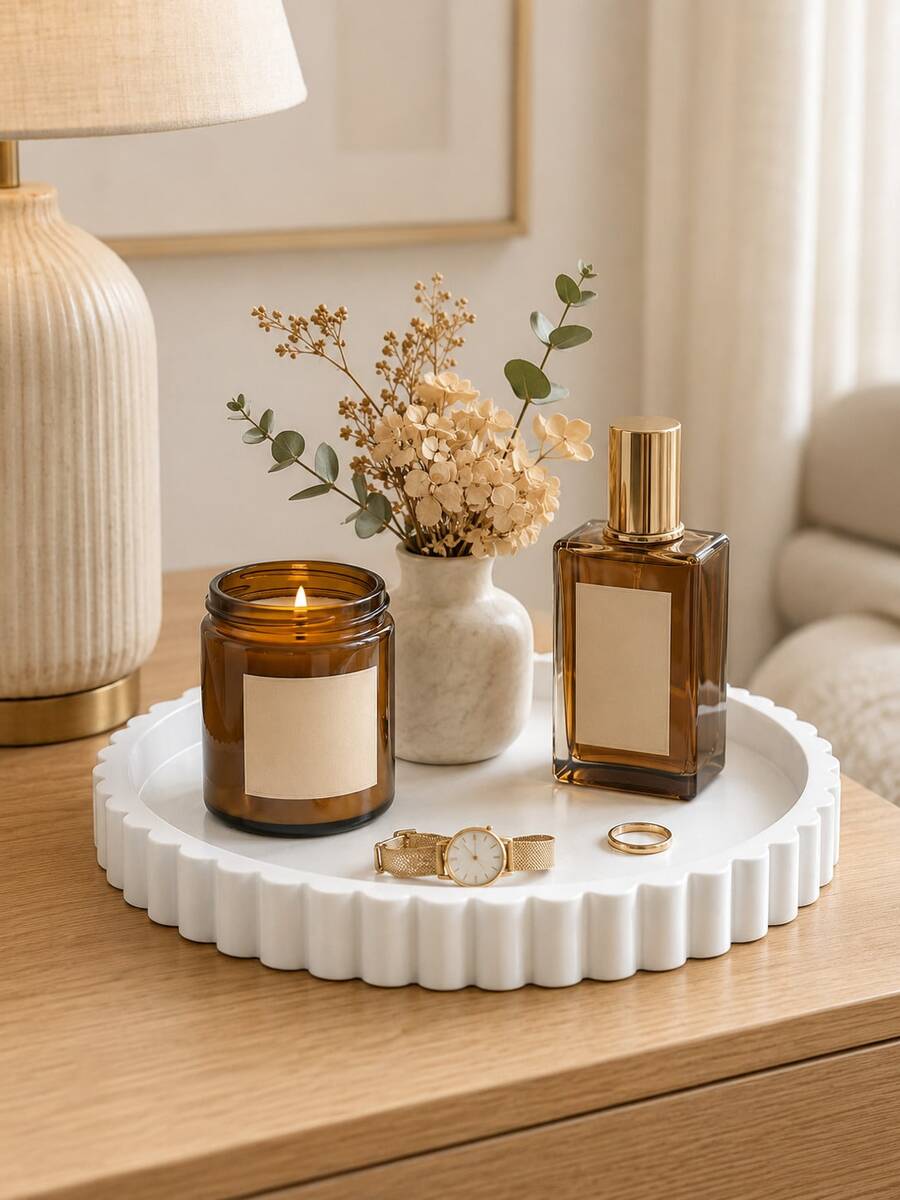 1pc Cream White Wavy Edge Round Vanity Tray, Elegant Jewelry, Fragrance And Candle Storage Box, Modern Home Desktop Decor, Bathroom Countertop And Home Fragrance Display, Drawer Organizer, Room Decor, Jewelry Storage, Jewelry Rack, Gift - Multicolor - View 1