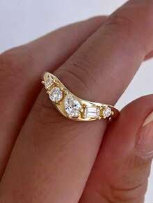 1pc Creative 14K Gold Plated Asymmetric Diamond Wave Couple Ring, V-Shaped Geometric Luxury Multi-Stone Zirconia Finger Ring, Niche Design Women's Accessory Gift Jewelry - Yellow - View 4