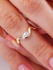 1pc Classic 14K Gold Plated Wave Twisted Arm Water Drop Pear Shaped Couple Ring, Geometric Banquet Decor Proposal Gift Jewelry - Yellow - View 7