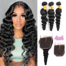 3PCS Bundles Human Hair Loose Wave Bundles With Closure 4x4 Transparent Lace Closure Free Part Human Hair Extensions Natural Color - Natural Black - View 2