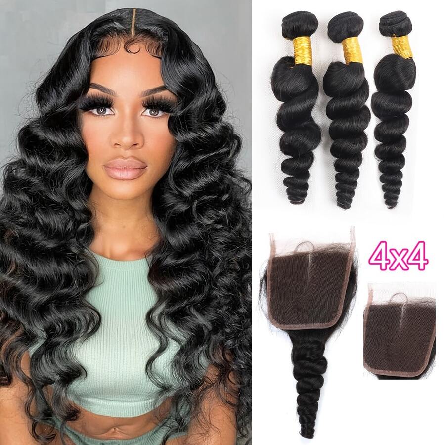 3PCS Bundles Human Hair Loose Wave Bundles With Closure 4x4 Transparent Lace Closure Free Part Human Hair Extensions Natural Color