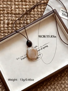 1pc Vintage Minimalist Faux Stone Long Sweater Necklace, Brown Wax Cord Layered Necklace - Multicolor - View 2