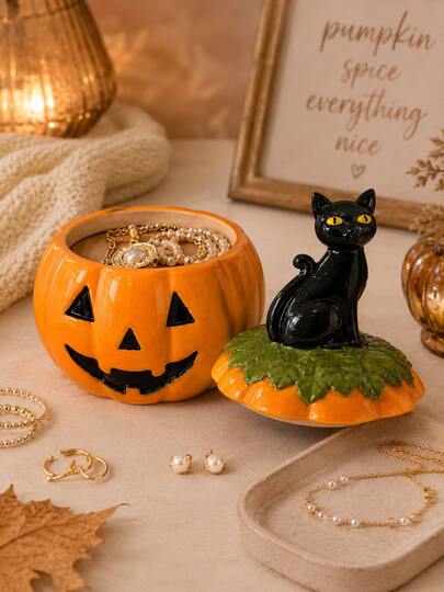 1pc Halloween Pumpkin Storage Canister With Black Cat Figurine Lid, Jack‑O‑Lantern Trinket Jewelry Candy Jar, Fall Harvest Tabletop Decor Container For Halloween Party Home Decoration