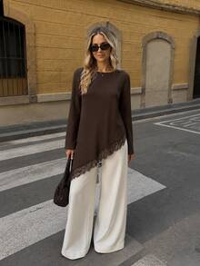 Women's Solid Color Long Sleeve Casual Top, Elegant Lace Patchwork Asymmetrical Hem Pullover, Versatile Commute All-Match Streetwear - Brown - View 9