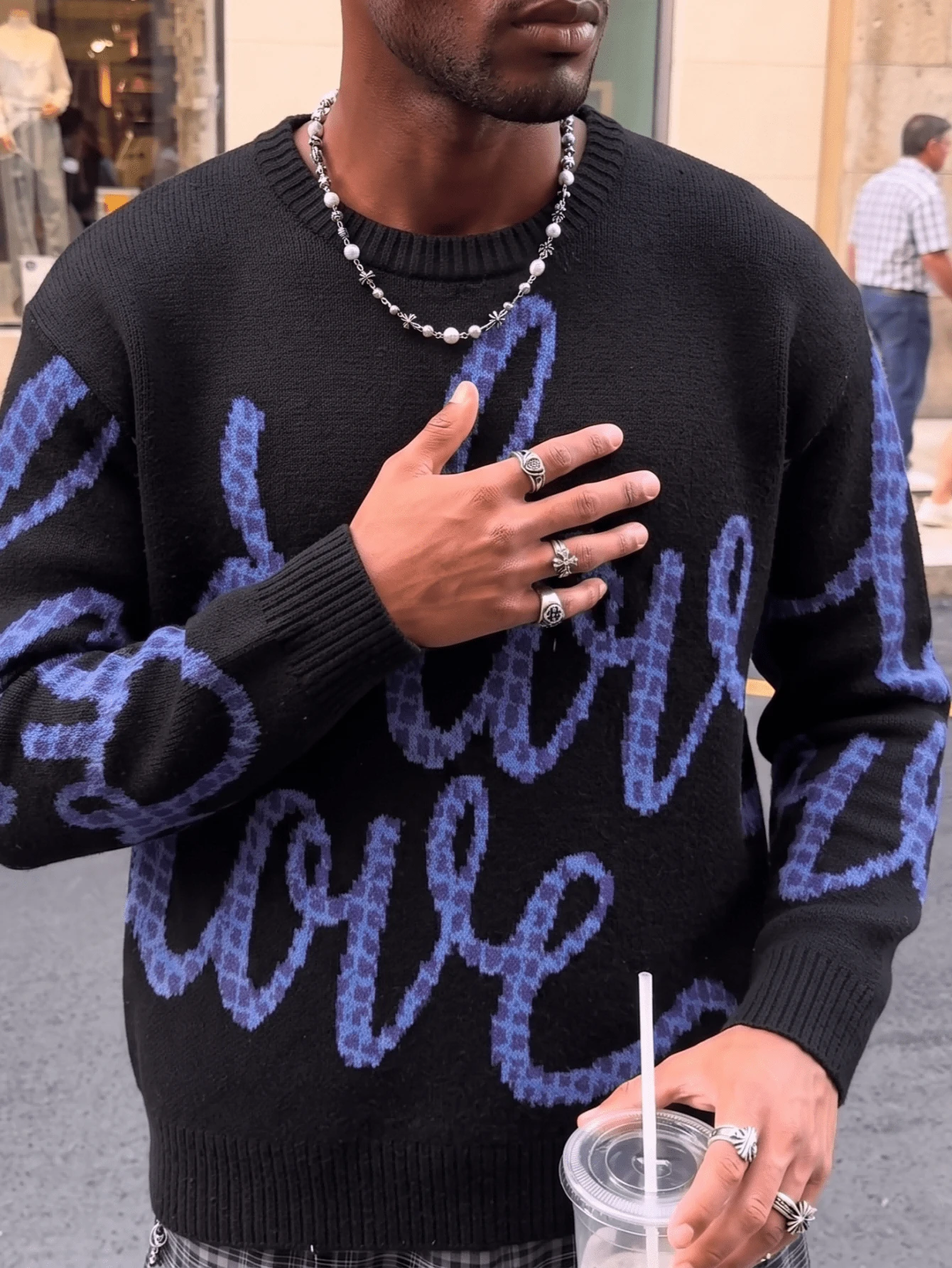 ANDREILEE Men's Fashion Casual Versatile Daily Commute Home Holiday Round Neck Long Sleeve Loose Ribbed Pullover Sweater Back To School Autumn/Winter Top - Black - View 1