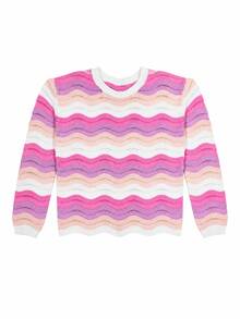 1pc Girls Macaron Pink Purple Wavy Hollow Knit Sweater, 3D Textured Loose Round Neck Children's Base Layer Knit Top - Pink - View 3