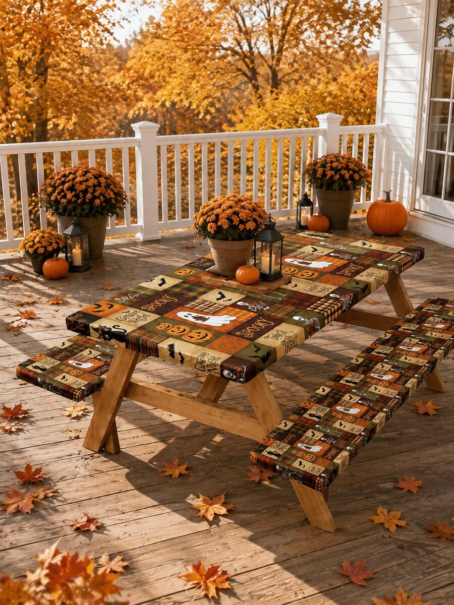 1/3pcs-Stretch Fitted Halloween Picnic Table & Bench Cover Set, Vintage Plaid Patchwork Tablecloth With Ghost Pumpkin Bat Skeleton Print, Spooky Trick Or Treat Decor, Rectangular Elastic Table Cover For Backyard, Outdoor Halloween Party Decor - Multicolor - View 1