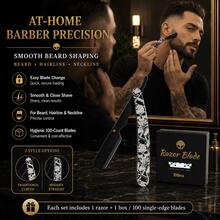 Professional Barber Skull Pattern Shavette Straight Razor Set For Men, Foldable Shaving Razor With Curved & Straight 2 Handle Designs, Quick Change Blade For Precise Beard Hairline Trimming, Comes With 100 Replacement Blades, Salon Grooming Gift Kit - Multi-color - View 5