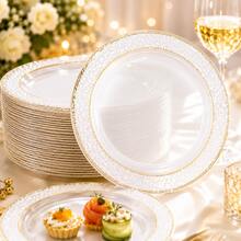 50/25/20/10pcs Transparent Gold Rim Plates/Trays Set, 7.5 Inch/10.25 Inch Reusable Plates, Food Trays, Fruit And Snack Platters, Dessert And Salad Plates, Cheese And Candy Trays, Multi-Purpose Tableware For Parties, Weddings, Birthdays, Picnics, Holiday Events, Easy To Clean, Suitable For Elegant Home And Event Table Settings. - View 2