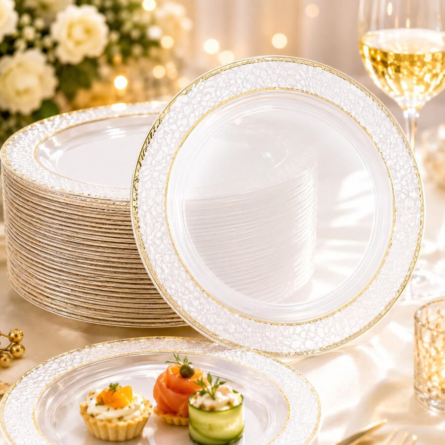 50/25/20/10pcs Transparent Gold Rim Plates/Trays Set, 7.5 Inch/10.25 Inch Reusable Plates, Food Trays, Fruit And Snack Platters, Dessert And Salad Plates, Cheese And Candy Trays, Multi-Purpose Tableware For Parties, Weddings, Birthdays, Picnics, Holiday Events, Easy To Clean, Suitable For Elegant Home And Event Table Settings.