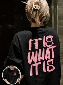 Oversized Unisex Y2K Streetwear T-Shirt With Double-Sided Print And Pink Handwritten "IT IS WHAT" Slogan, Breathable, For Summer, Christmas, And - 黑色 - 查看 12
