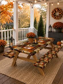 1/3pcs-Stretch Fitted Halloween Picnic Table & Bench Cover Set, Vintage Plaid Patchwork Tablecloth With Ghost Pumpkin Bat Skeleton Print, Spooky Trick Or Treat Decor, Rectangular Elastic Table Cover For Backyard, Outdoor Halloween Party Decor - Multicolor - View 4